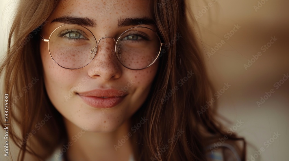 Young woman with freckles and glasses smiling with a soft expression her hair styled in loose waves. Young woman with freckles and glasses smiling with a soft expression her hair styled in loose waves.