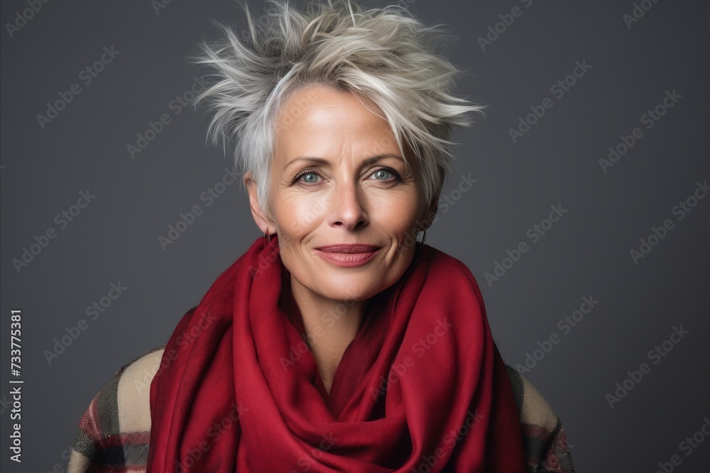 Portrait of a beautiful middle aged woman with short blond hair wearing a red scarf