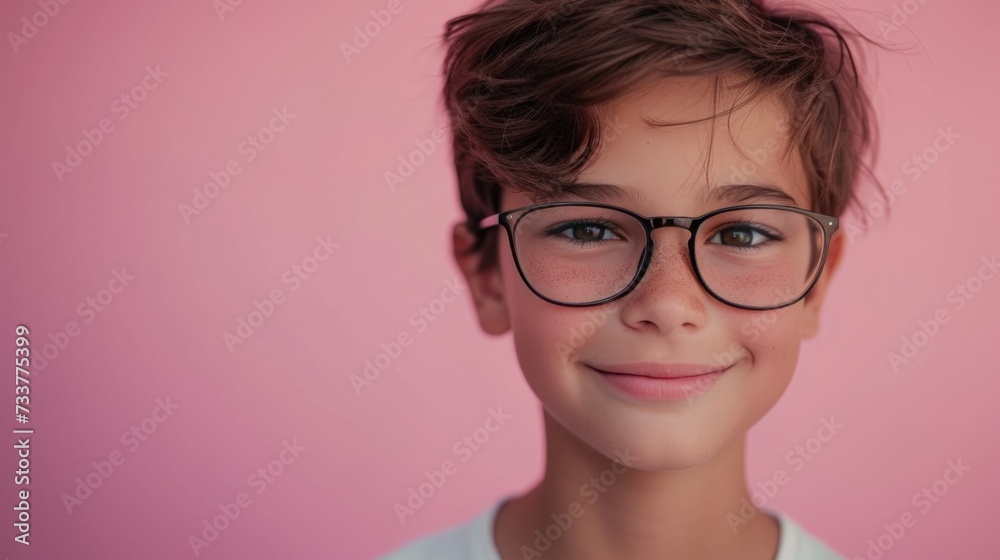 A young child with short hair wearing glasses smiling against a pink background.