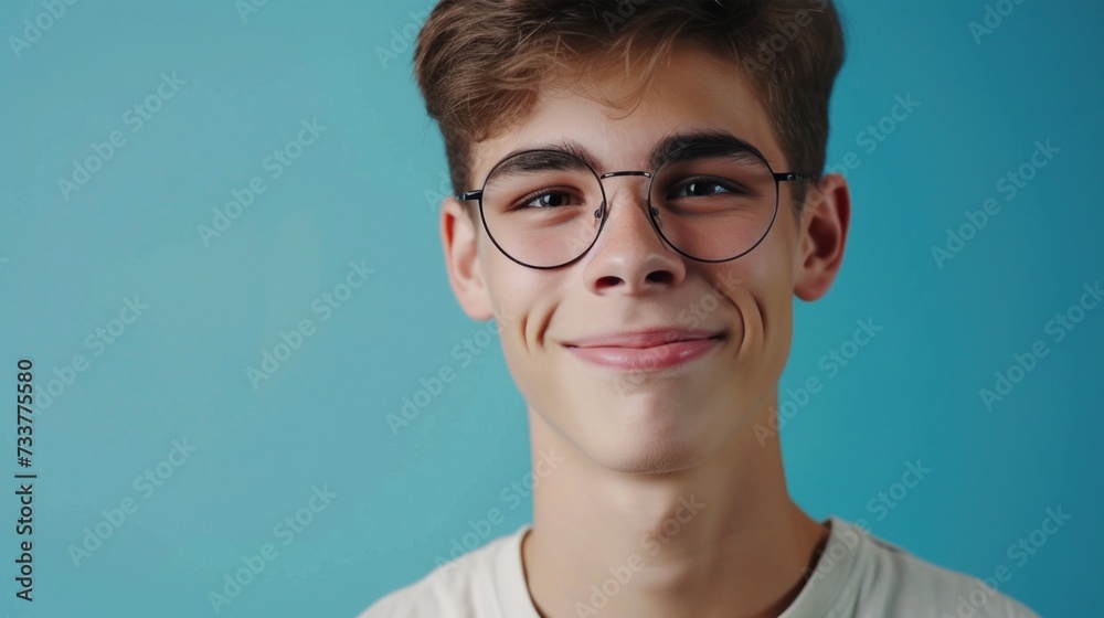 Young man with glasses and a slight smile against a blue background. Young man with glasses and a slight smile against a blue background.