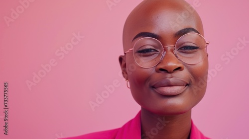 A person with a bald head wearing round glasses a pink blazer and a subtle smile set against a soft pink background.