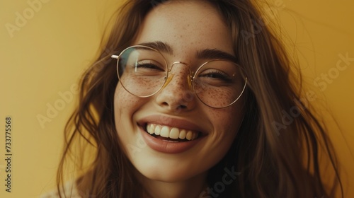 Young woman with freckles wearing round glasses smiling broadly with her eyes closed against a warm yellow background.