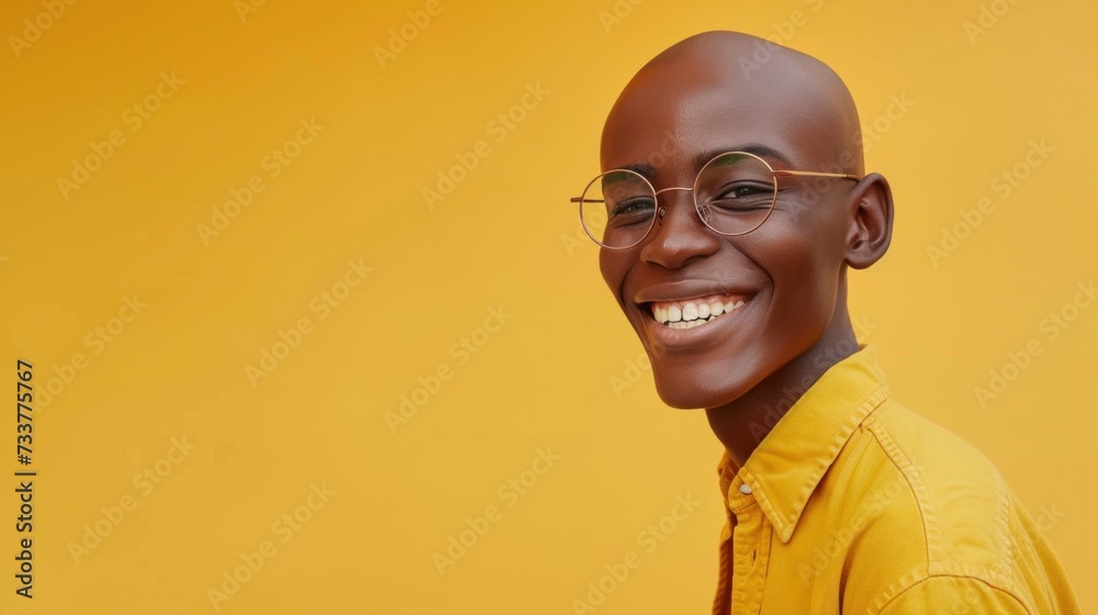 Smiling bald man in yellow shirt and glasses against yellow background. Smiling bald man in yellow shirt and glasses against yellow background.