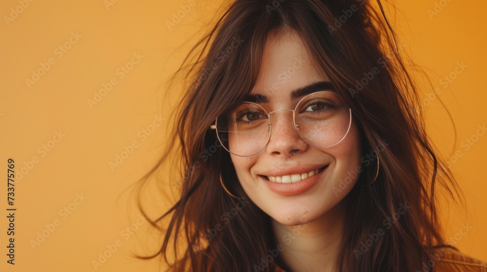 A young woman with long brown hair wearing glasses and a yellow top smiling against a warm orange background. A young woman with long brown hair wearing glasses and a yellow top smiling against a warm orange background.