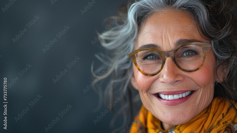 Woman with gray hair wearing glasses and a yellow scarf smiling with a warm expression. Woman with gray hair wearing glasses and a yellow scarf smiling with a warm expression.