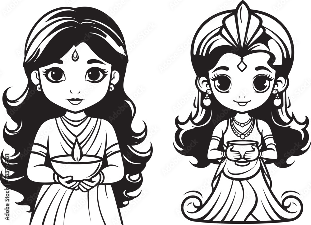 indian lady in traditional dress with diya vector illustration