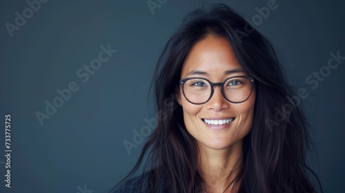 Smiling woman with glasses dark hair and a blue background.