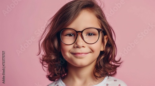 Young girl with glasses and a smile against a pink background.