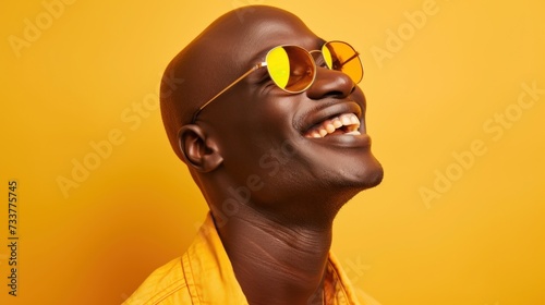 Smiling man with bald head and yellow sunglasses wearing a yellow shirt against a yellow background.