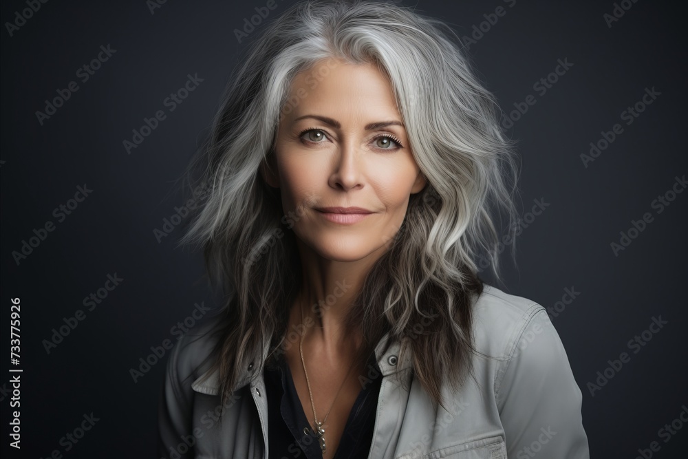 Portrait of a beautiful middle-aged woman with grey hair.