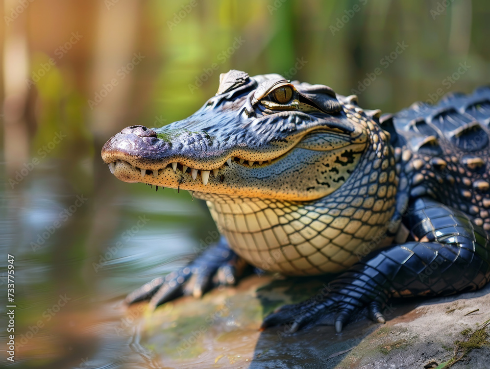 Fototapeta premium Close-up of an alligator with a fierce gaze, resting by the water's edge.