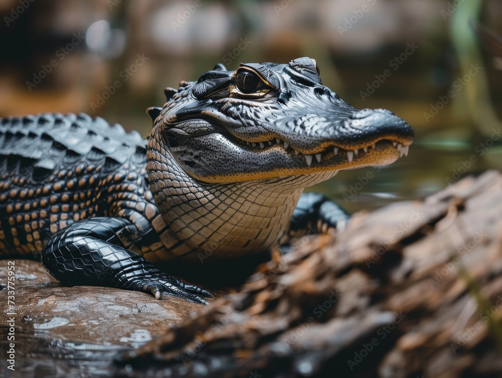 Fototapeta premium Dangerous alligator patiently waiting on a river bank.