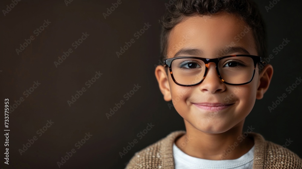 Smiling young boy with glasses wearing a white shirt and a beige sweater against a dark background.