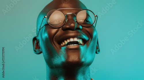 A man with a bald head wearing glasses smiling broadly with his eyes closed against a teal background.