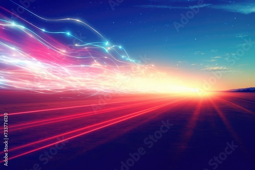 Futuristic retro background with rainbow comets. Abstract neon light background  empty space scene. Speed of light in galaxy. Explosion in universe. Cosmic backdrop
