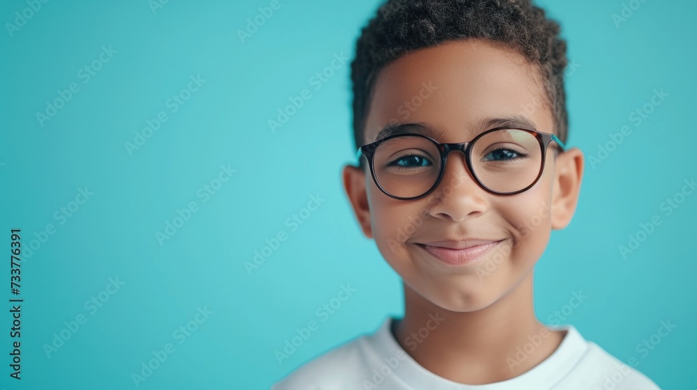Smiling young boy with glasses against a blue background looking directly at the camera. Smiling young boy with glasses against a blue background looking directly at the camera.