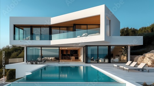 A white modern luxury home with swimming pool. Generative AI. © visoot