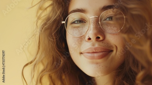 A young woman with freckles wearing round glasses and a soft smile with her hair gently blowing in the breeze.