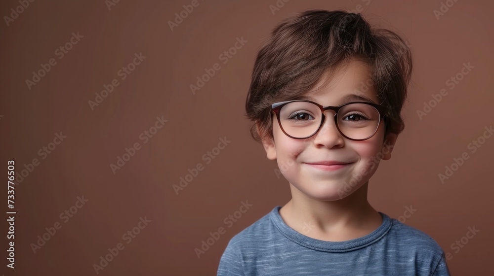 A young boy with glasses smiling at the camera wearing a blue shirt against a brown background.