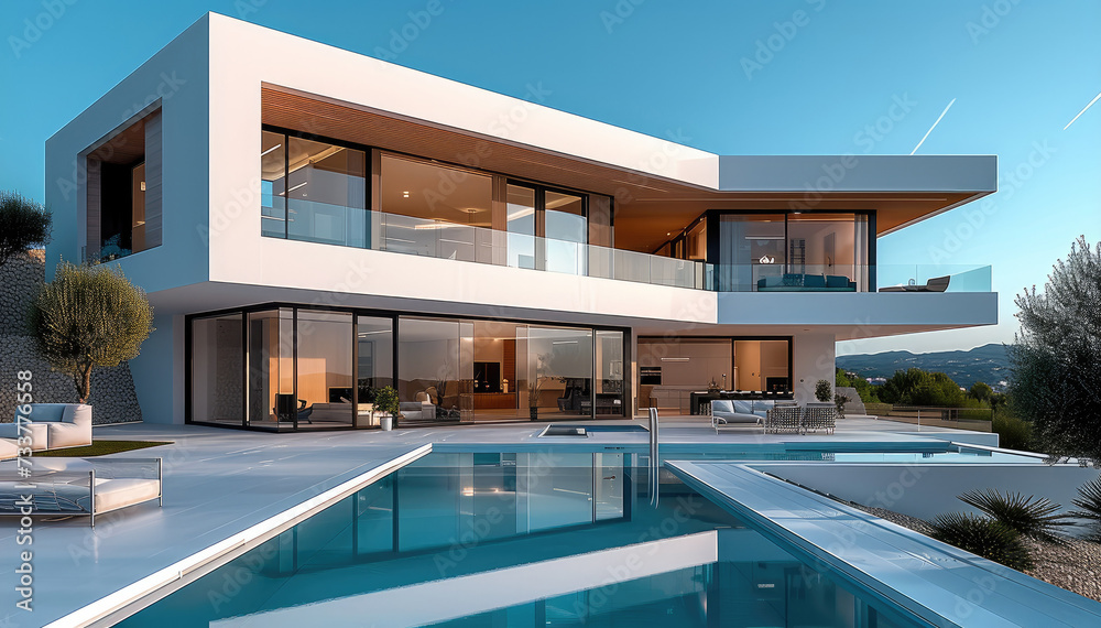 A white modern luxury home with swimming pool. Generative AI.