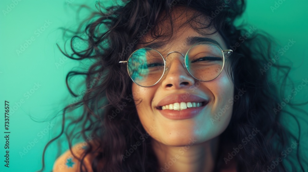 A young woman with curly hair wearing round glasses smiling with her eyes closed against a teal background. A young woman with curly hair wearing round glasses smiling with her eyes closed against a teal background.