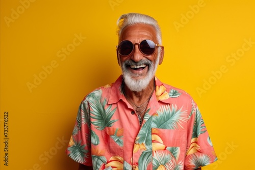 Portrait of a happy senior man wearing sunglasses over yellow background.