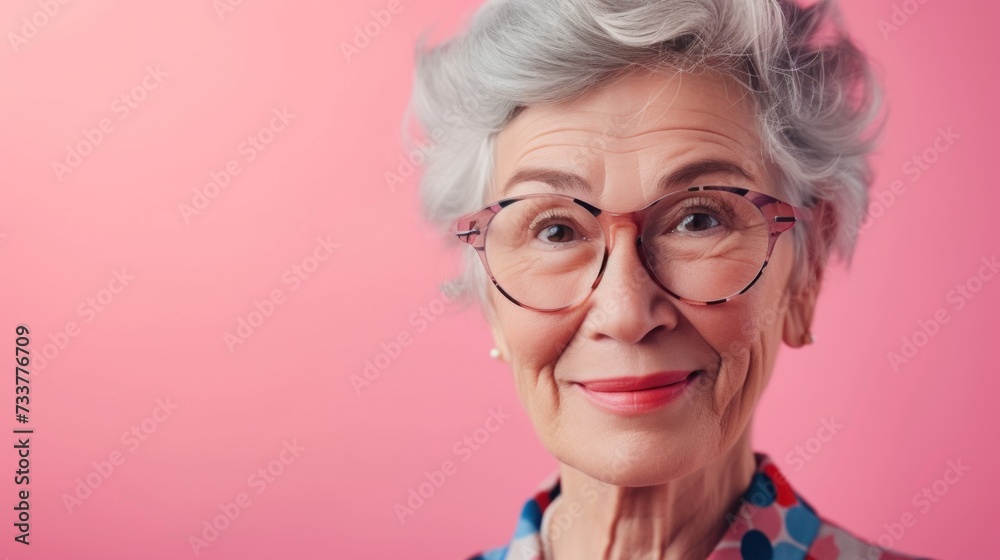 A smiling elderly woman with gray hair and glasses wearing a colorful polka dot top against a pink background.