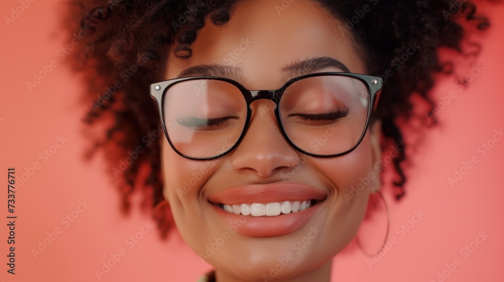 Smiling woman with curly hair and round glasses set against pink background.