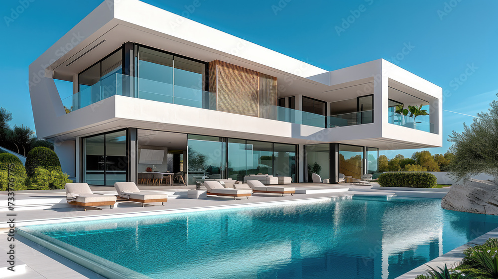 Fototapeta premium A white modern luxury home with swimming pool. Generative AI.