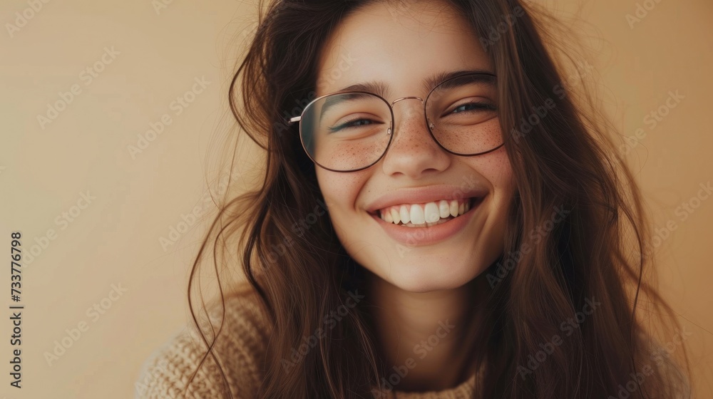 Smiling young woman with glasses and freckles wearing a beige sweater against a warm-toned background.