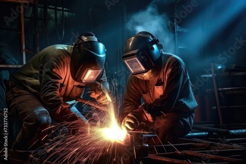Two welders in working coverall are working on pipe welding. Two handymen welding and grinding at their workplace plant they wear a protective helmet and equipment. Industry steel work photo