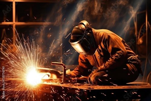 Two welders in working coverall are working on pipe welding. Two handymen welding and grinding at their workplace plant they wear a protective helmet and equipment. Industry steel work © m