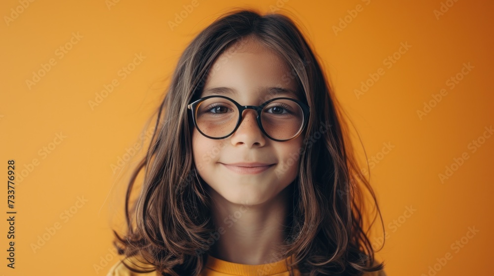 Young girl with glasses smiling against orange background.