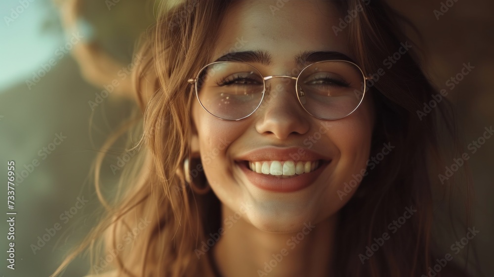 A young woman with long brown hair wearing round glasses smiling with her eyes closed and wearing large hoop earrings.