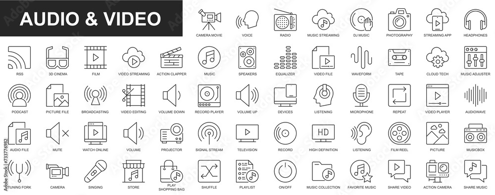 Audio and video web icons set in thin line design. Pack of camera movie, voice, radio, music streaming, photography, headphones, cinema, podcast, broadcasting, other. Outline stroke pictograms Audio and video web icons set in thin line design. Pack of camera movie, voice, radio, music streaming, photography, headphones, cinema, podcast, broadcasting, other. Outline stroke pictograms