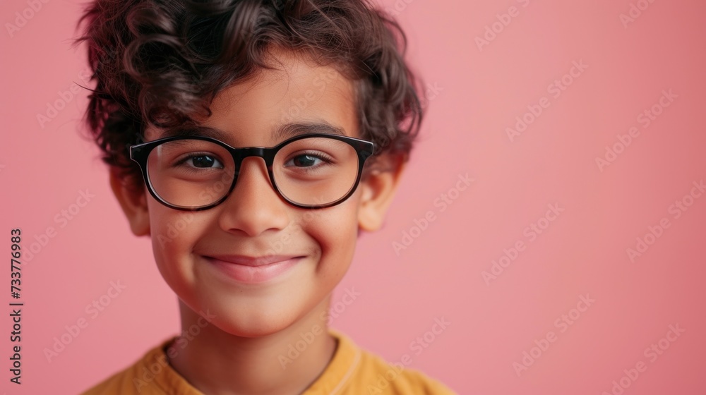 Smiling child with curly hair and glasses wearing a yellow shirt against a pink background.