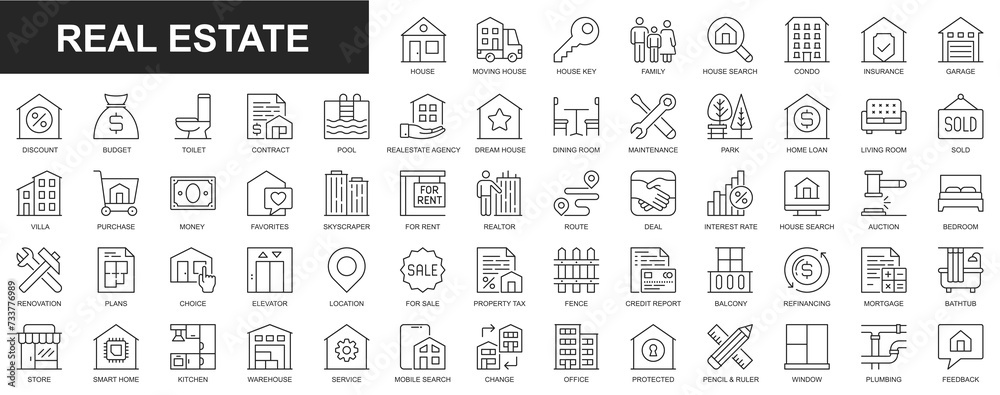 Real estate web icons set in thin line design. Pack of house, moving home, key, insurance, garage, budget, contract, realtor agency, mortgage, loan, property, other. Outline stroke pictograms - obrazy, fototapety, plakaty 