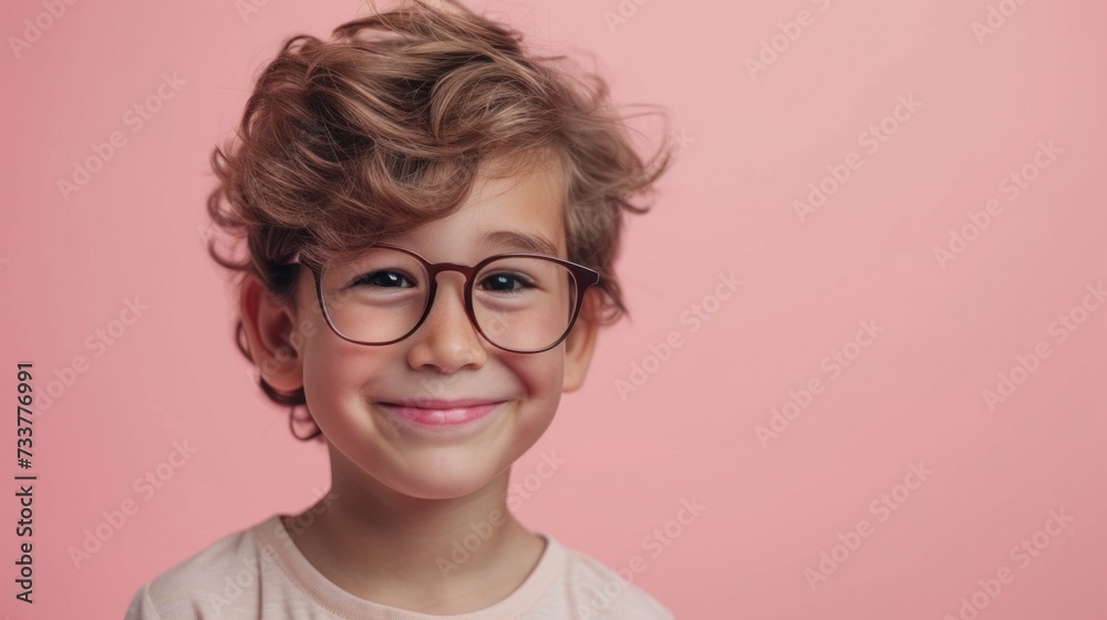 Young boy with curly hair and glasses smiling against a pink background.