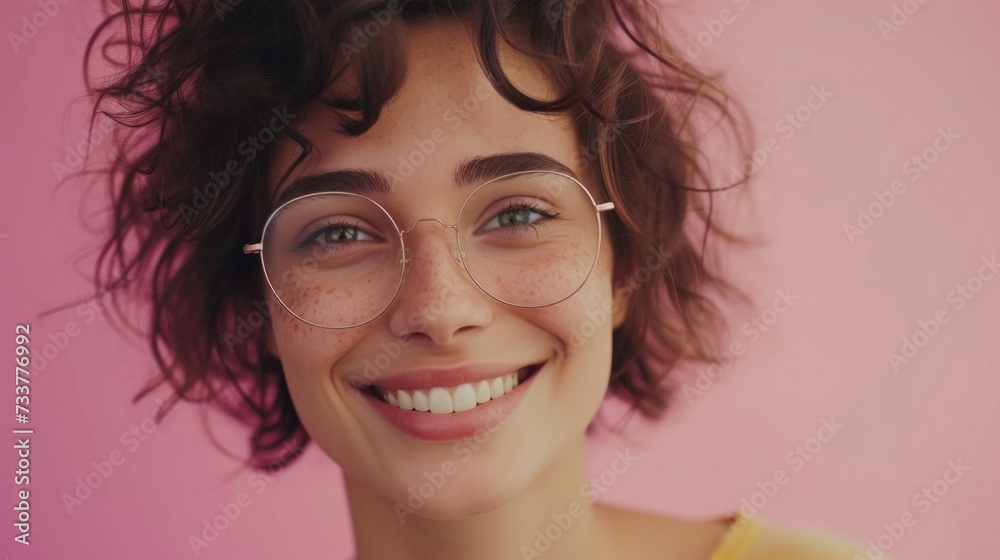 Smiling woman with freckles wearing round glasses and a yellow top against a pink background. Smiling woman with freckles wearing round glasses and a yellow top against a pink background.