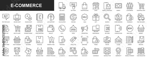 E-commerce web icons set in thin line design. Pack of mobile shopping, delivery, payment, feedback, add to cart, wish list, refund, sales, tracking package and other. Outline stroke pictograms