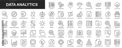 Data analytics web icons set in thin line design. Pack of database, big data process, ai, monitoring, traffic, hosting service, optimization, backup, chart and other. Outline stroke pictograms