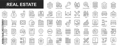Real estate web icons set in thin line design. Pack of house, moving home, key, insurance, garage, budget, contract, realtor agency, mortgage, loan, property, other. Outline stroke pictograms photo