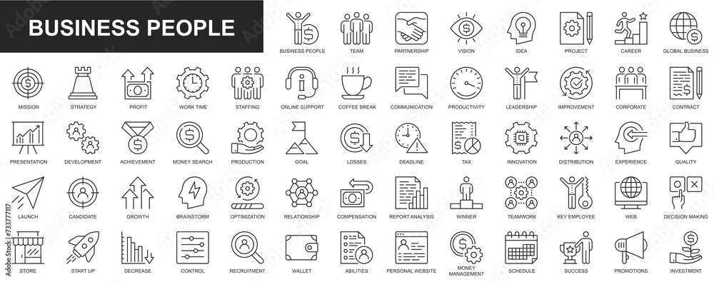 Business people web icons set in thin line design. Pack of team, partnership, vision, idea, project, career, mission, report, profit, work time, online support, other. Outline stroke pictograms