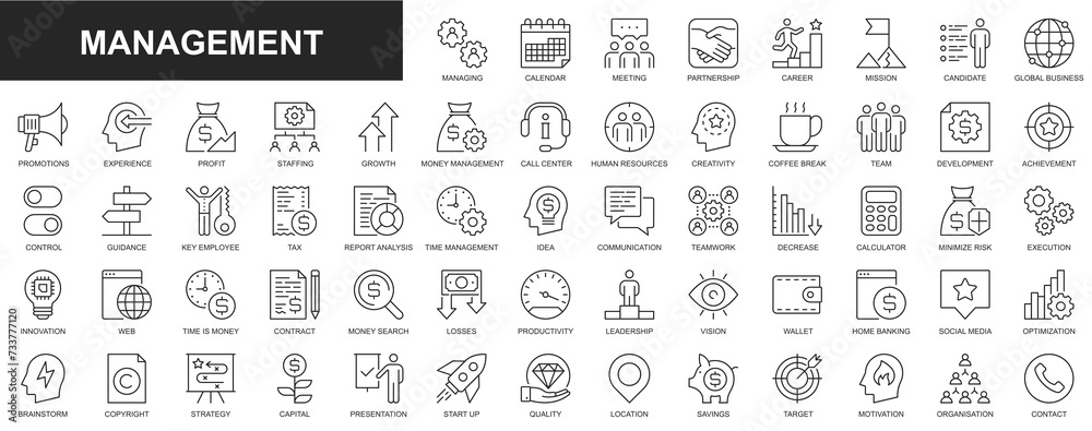 Management web icons set in thin line design. Pack of meeting, partnership, career, mission, global business, promotion, experiment, profit, staff productivity, other. Outline stroke pictograms