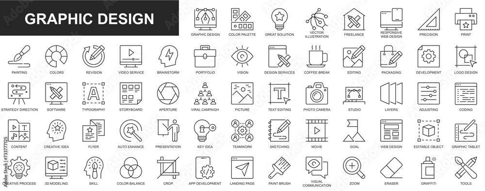 Graphic design web icons set in thin line design. Pack of color palette, solution, freelance, print, painting, video service, brainstorming, portfolio, editing, other. Outline stroke pictograms