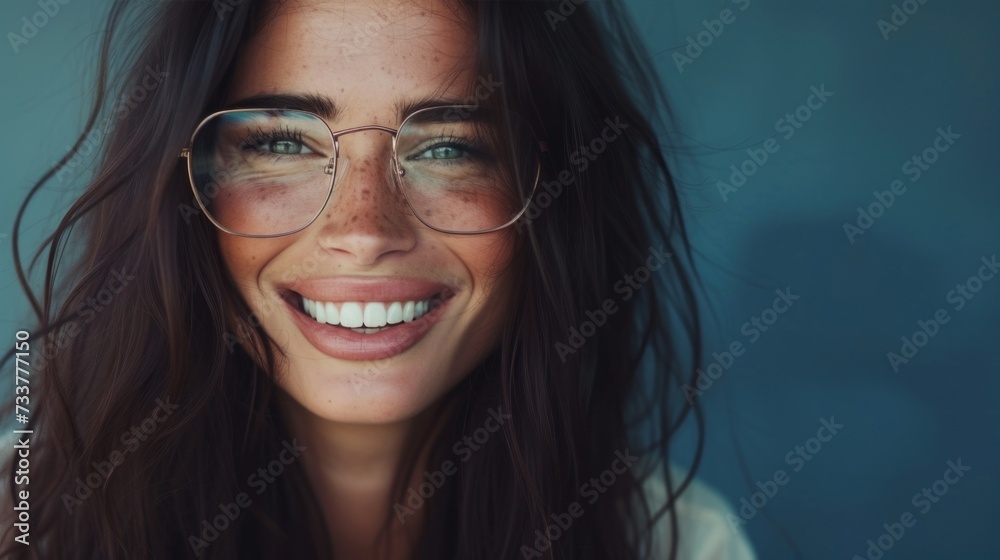 A woman with long brown hair and freckles wearing glasses smiling with her eyes closed against a blue background. A woman with long brown hair and freckles wearing glasses smiling with her eyes closed against a blue background.