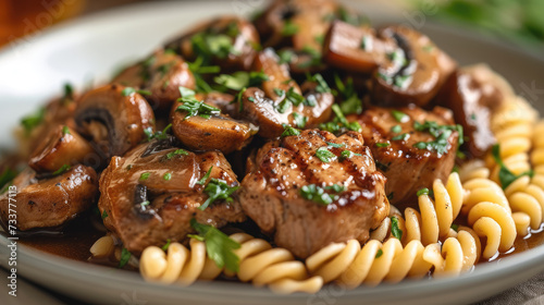 A veal scallopini with mushrooms and spiral pasta, presented beautifully in a bowl. Generative AI. photo