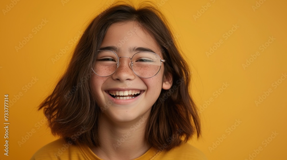 Smiling young girl with glasses and freckles wearing a yellow top against a vibrant yellow background.