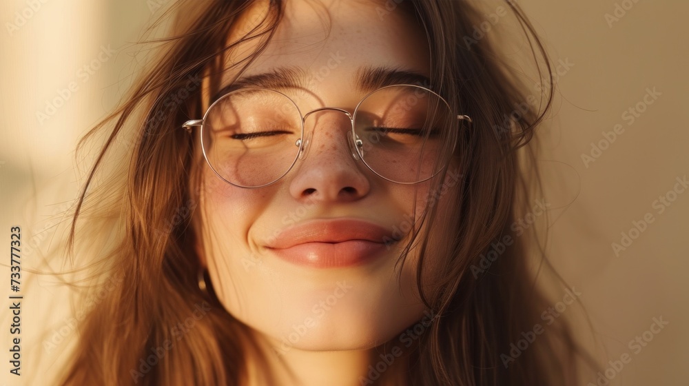 Fototapeta premium Young child with curly hair wearing glasses and a brown sweater smiling against a blue background.