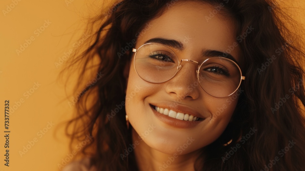 Young child with curly hair and glasses smiling against a blue background. Young child with curly hair and glasses smiling against a blue background.